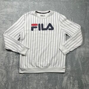 Fila Mens Sweatshirt White Navy Pinstripe Crewneck Long Sleeve Size Small